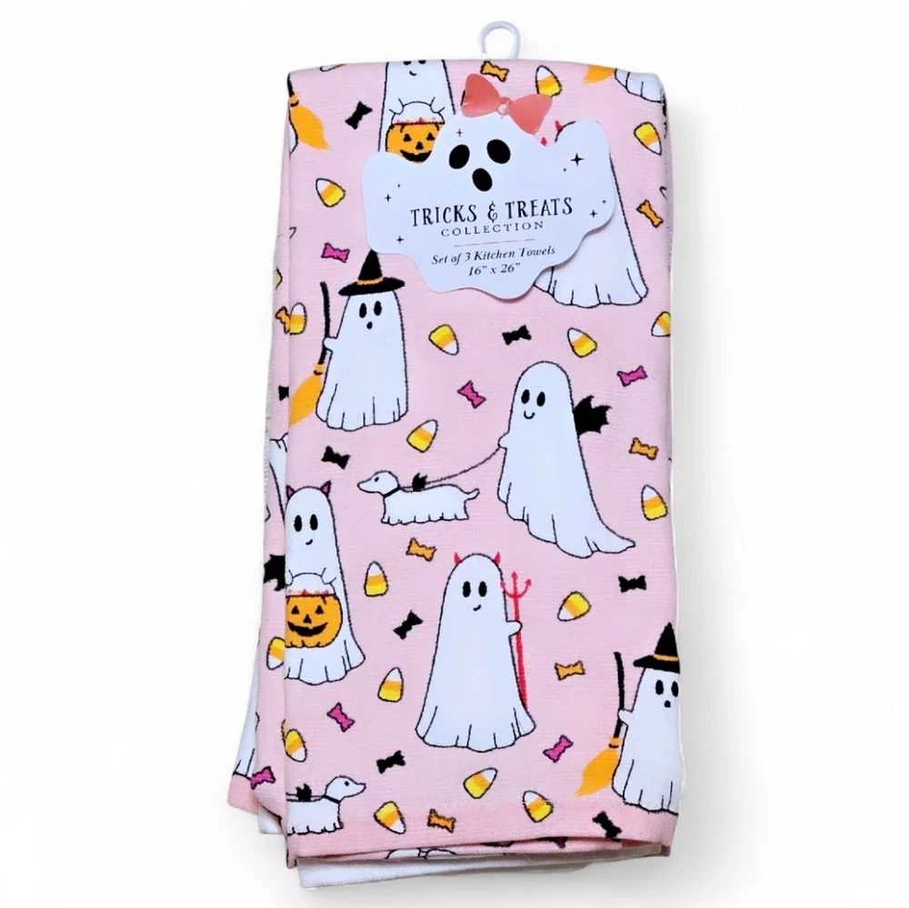 Ghost Walking Dog Pink Kitchen Hand Towels Set Of 3
